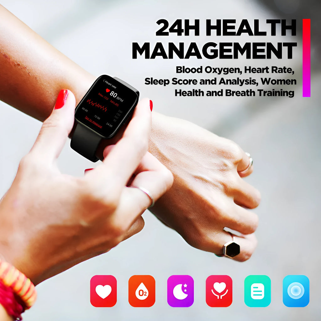 GPS sports smart watch with 1.78 inch LCD screen, black rubber strap, showing health monitoring display