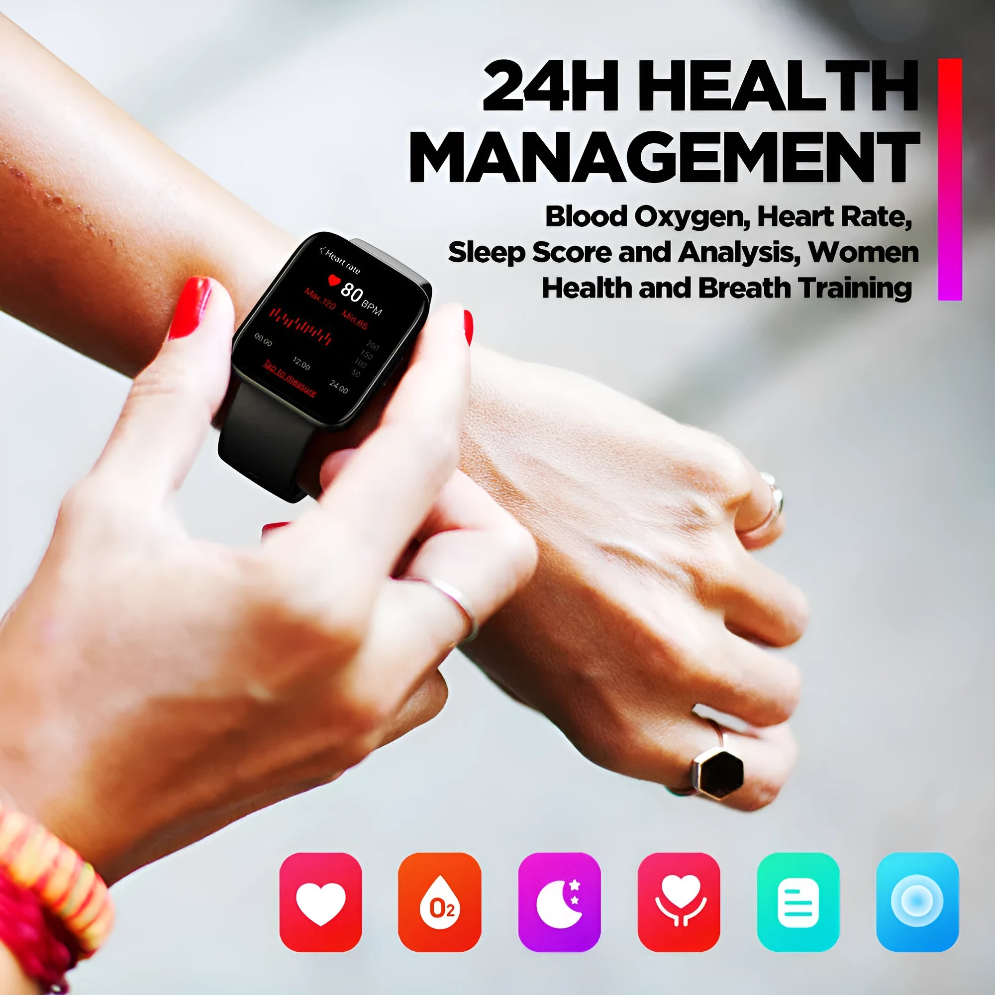 GPS sports smart watch with 1.78 inch LCD screen, black rubber strap, showing health monitoring display