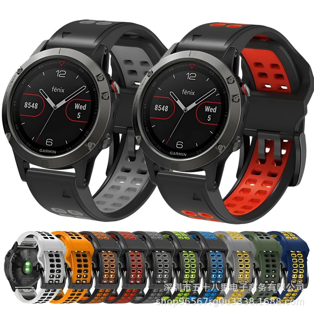 Quick release two-colour silicone watch strap with pin buckle, shown in multiple colour options.