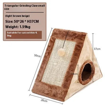 Triangular faux fur cat scratching post and bed platform in grey and white colours.
