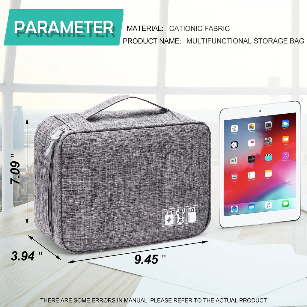 Black travel electronics organiser case with mesh pockets, elastic loops and removable padded dividers
