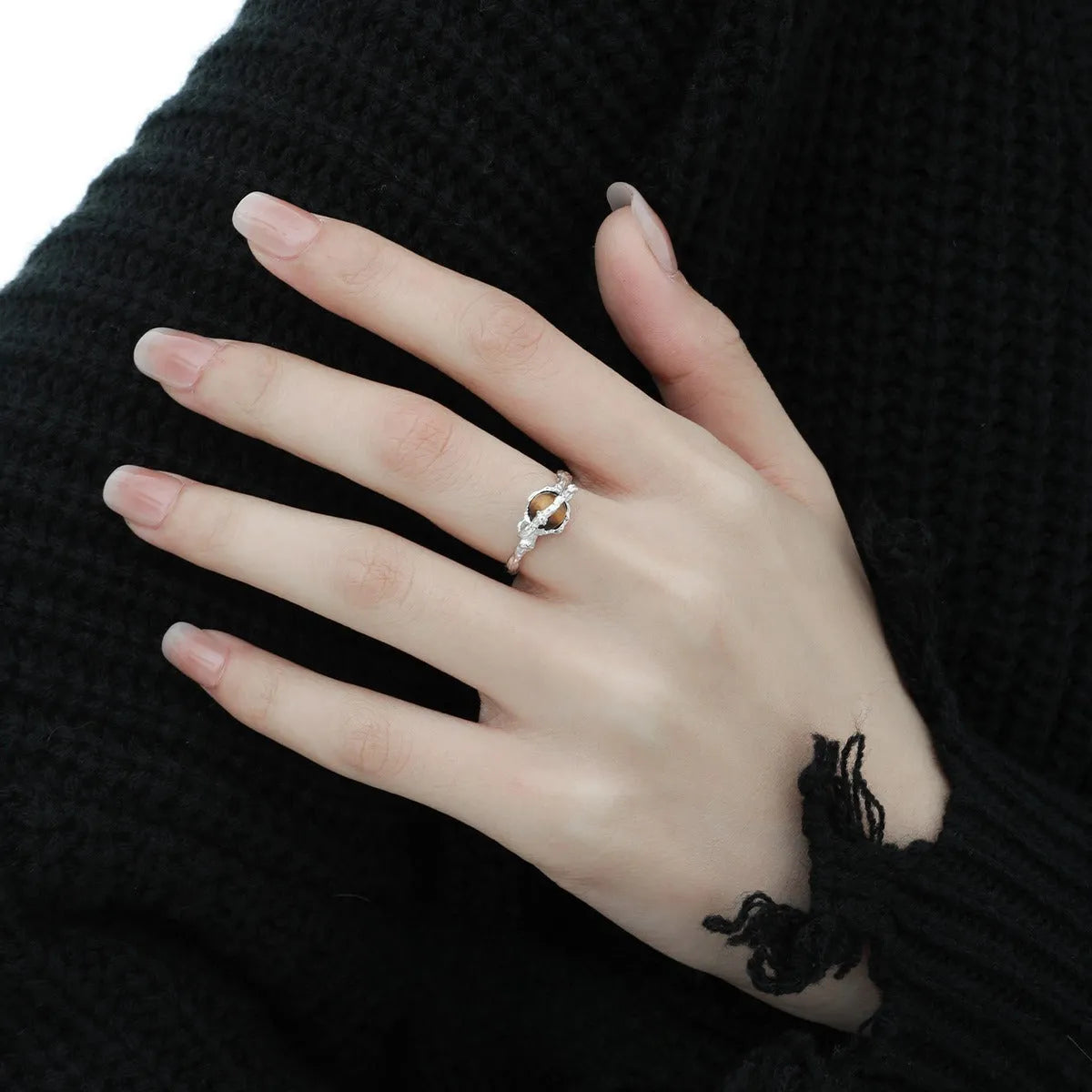 Adjustable Saturn and tigereye open ring in white gold colour electroplated silver