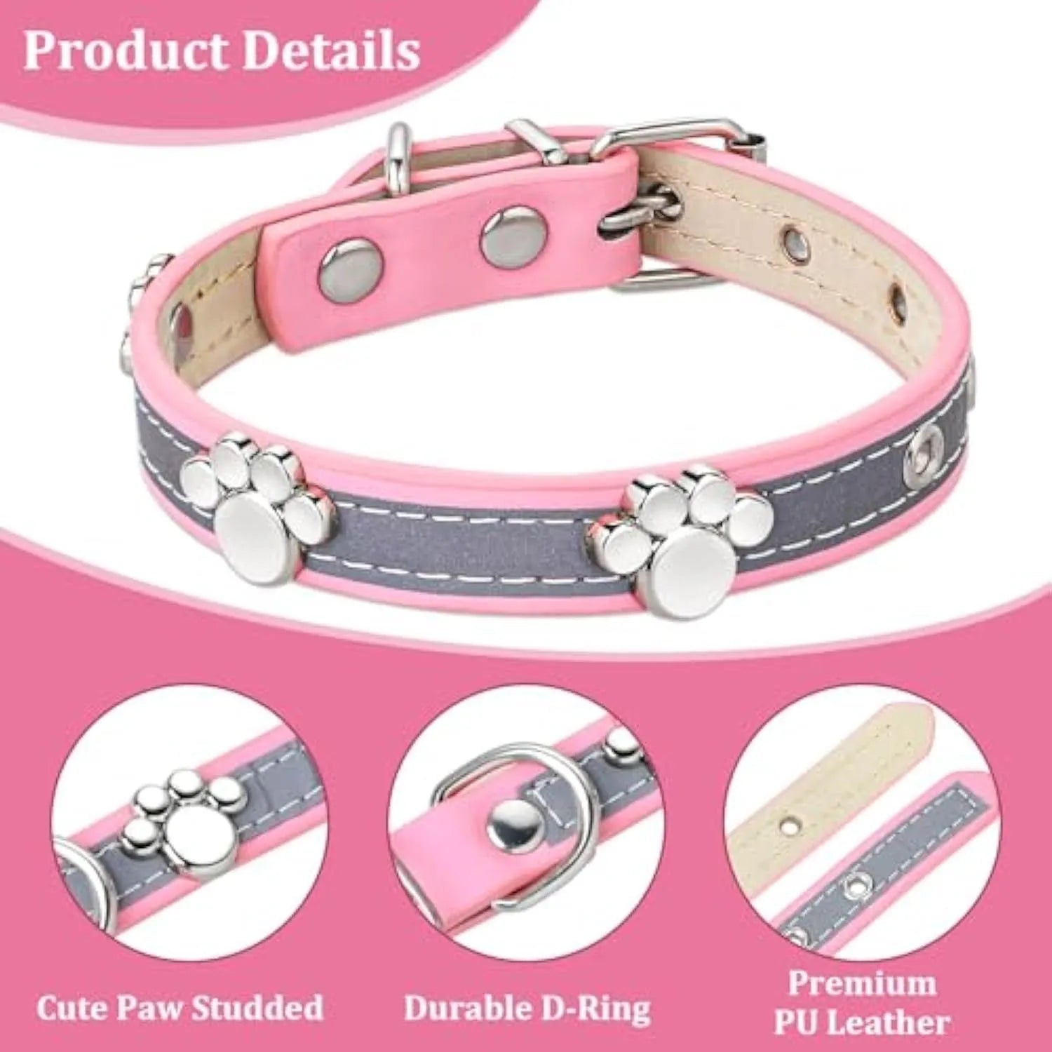Reflective adjustable dog collar with paw-shaped rivet on PU leather band