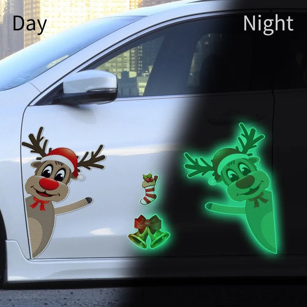 Cartoon-style Christmas elk magnetic bumper sticker with luminous reflective finish.