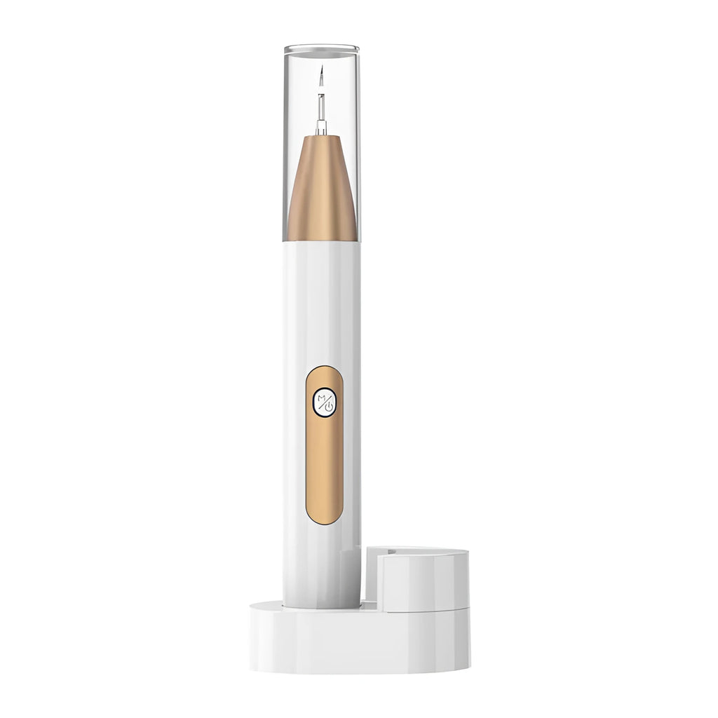 Gold-coloured handheld ultrasonic tooth cleaning device for removing tartar and stains.