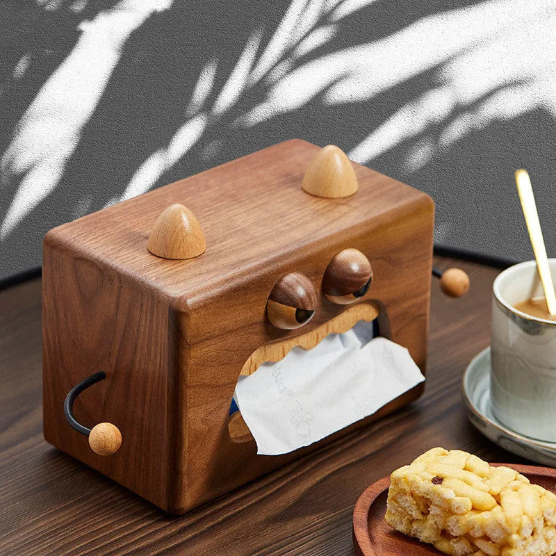 Wooden cartoon tissue box with Little Monster design in walnut beech colour