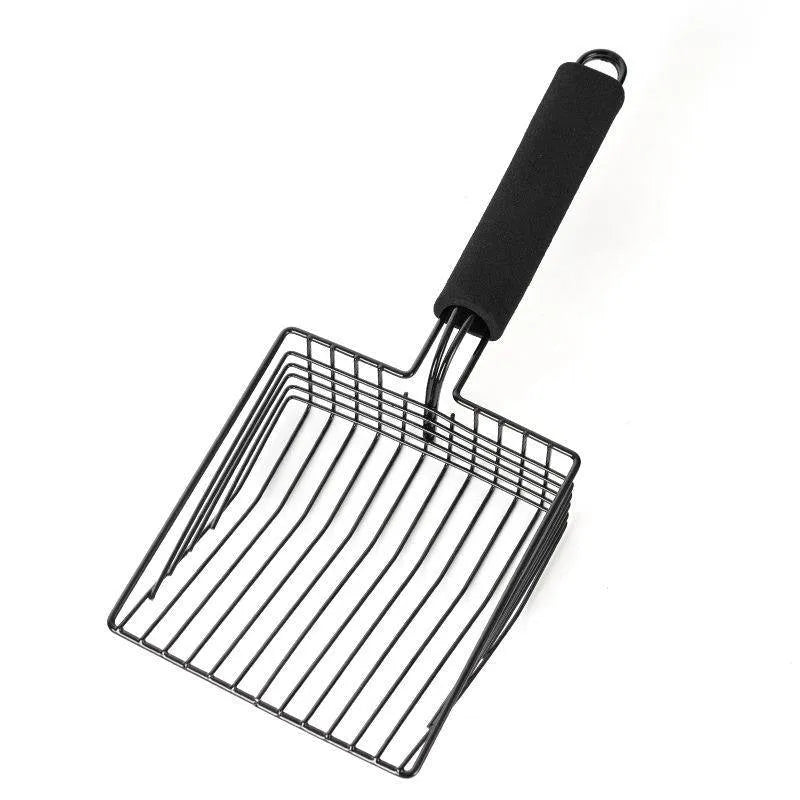 Black alloy metal cat litter scoop with 0.8cm gap spacing for pet waste cleaning