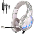 Wired over-ear gaming headset with camouflage blue finish and a braided cable.
