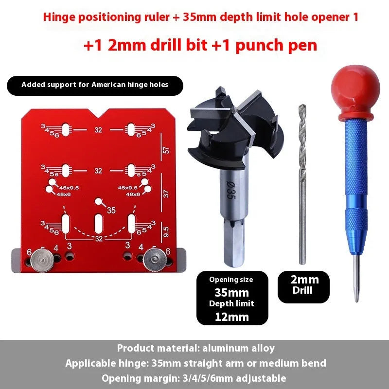 Red aluminium alloy hinge punch locator tool for 35mm cabinet door hinges on a workbench.