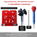 Red aluminium alloy hinge punch locator tool for 35mm cabinet door hinges on a workbench.