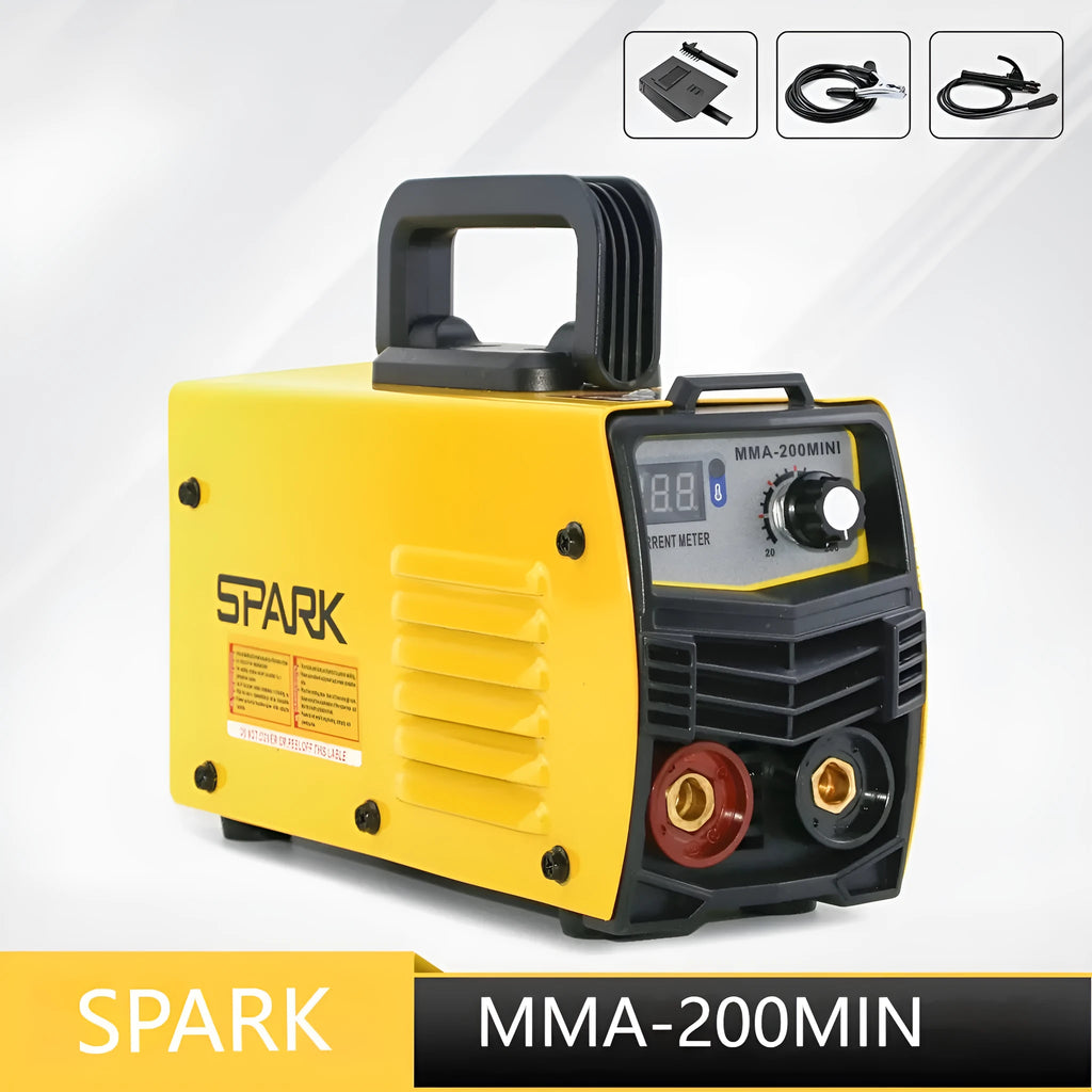 MMA-200MIN 220V DC inverter welding machine with welding tongs, clamps, and face shield