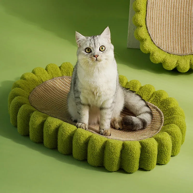Green oval cat scratch pad bowl made of sisal, serving as a cat scratcher and bed lounge