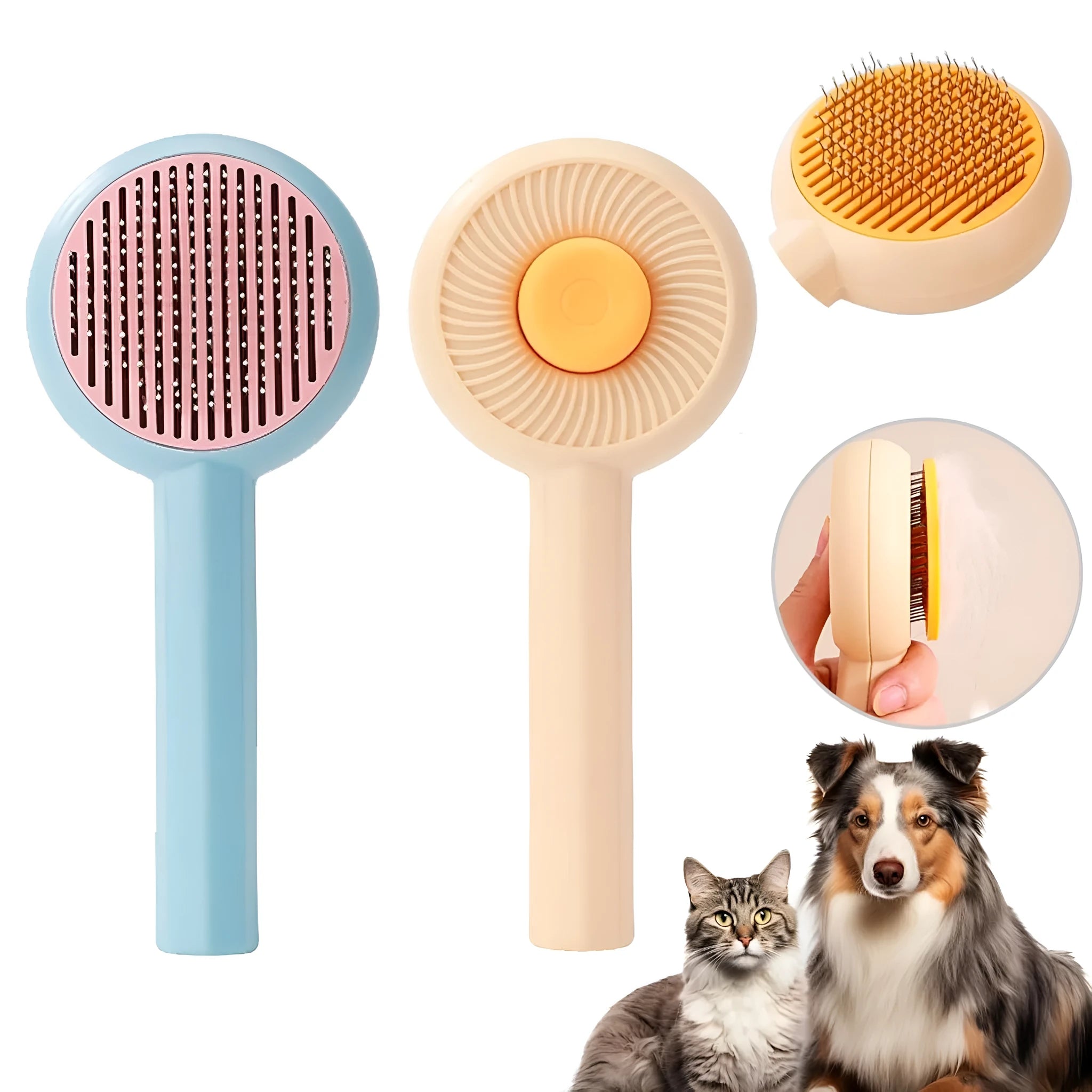 Blue and yellow pet grooming brush with self-cleaning button and angled needles