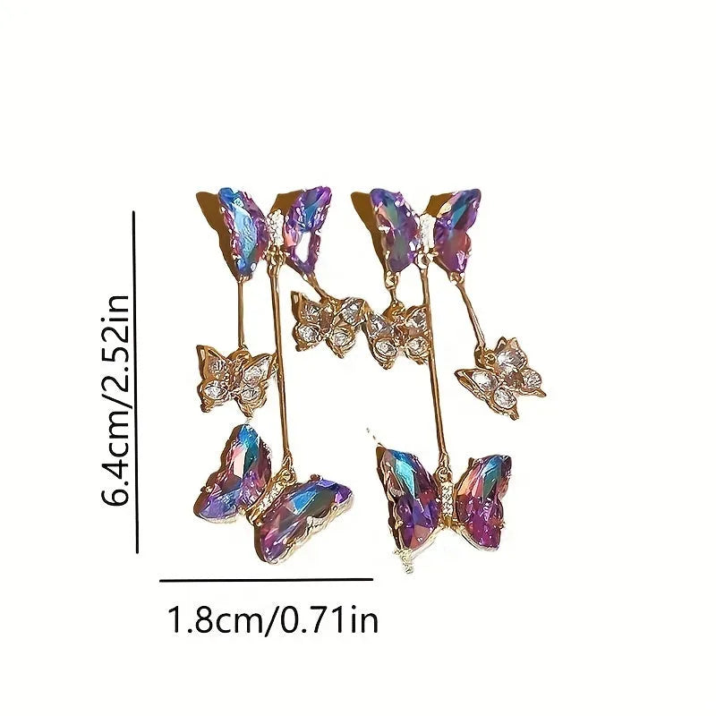 Blue purple butterfly tassel drop earrings with silver needle crystal flowers for women.