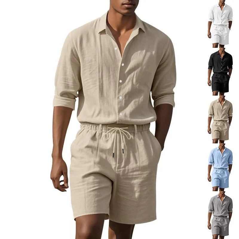 Men's linen long sleeve shirt and shorts beach suit set in light blue colour