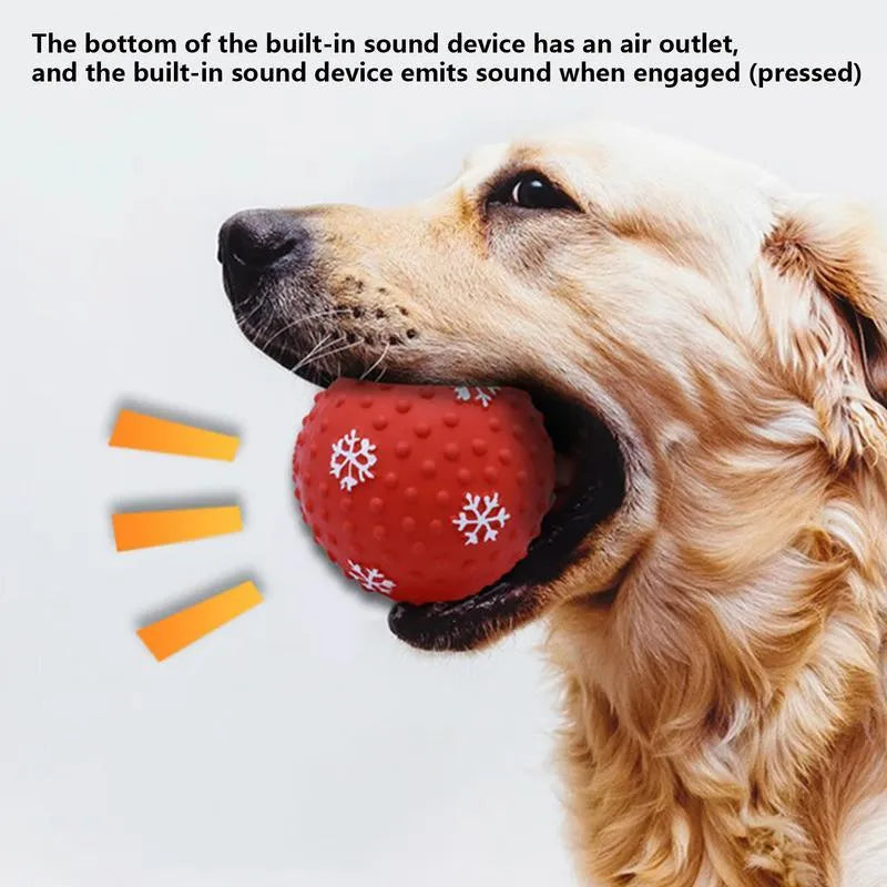 Red and green festive dog toy balls with snowflake patterns, 7cm diameter, with squeaker and air vents