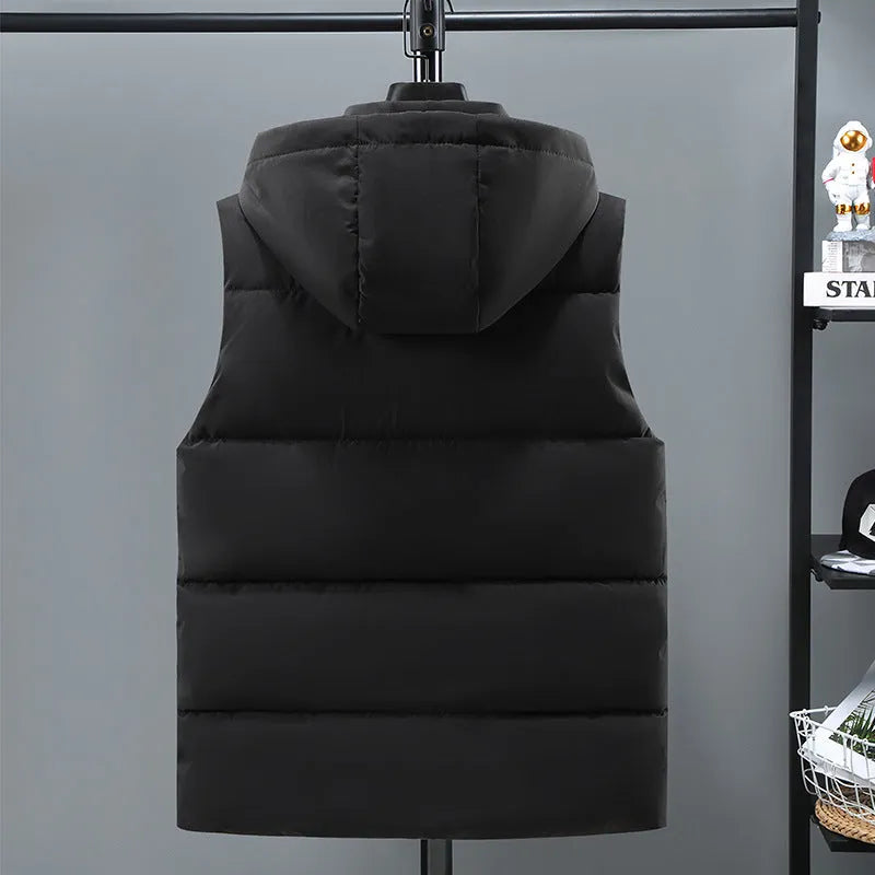 Men's warm thickened solid colour polyester vest with removable cap and straight hem, in blue or black, front view