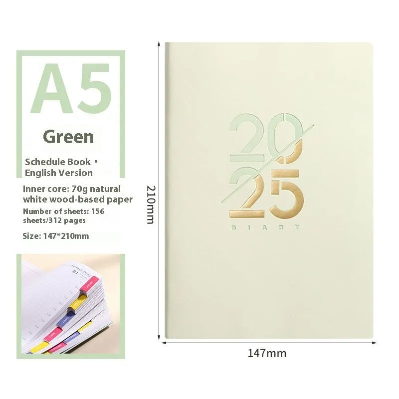 2025 A5 daily plan schedule book with soft faux leather cover in blue, pink, yellow, purple and green