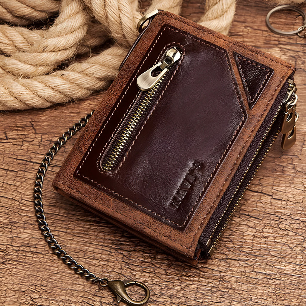 Dark brown men's RFID anti-theft leather wallet with security chain and letter pattern detailing