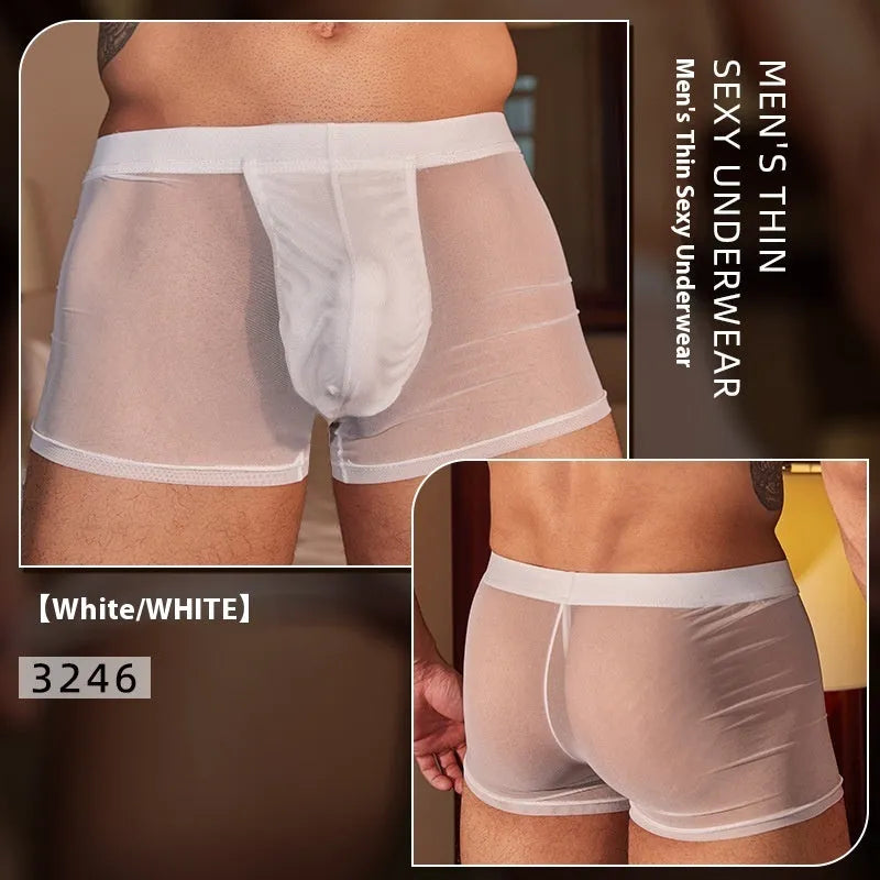 Black ultra-thin nylon men's boxer briefs laid flat, showing low-rise design.