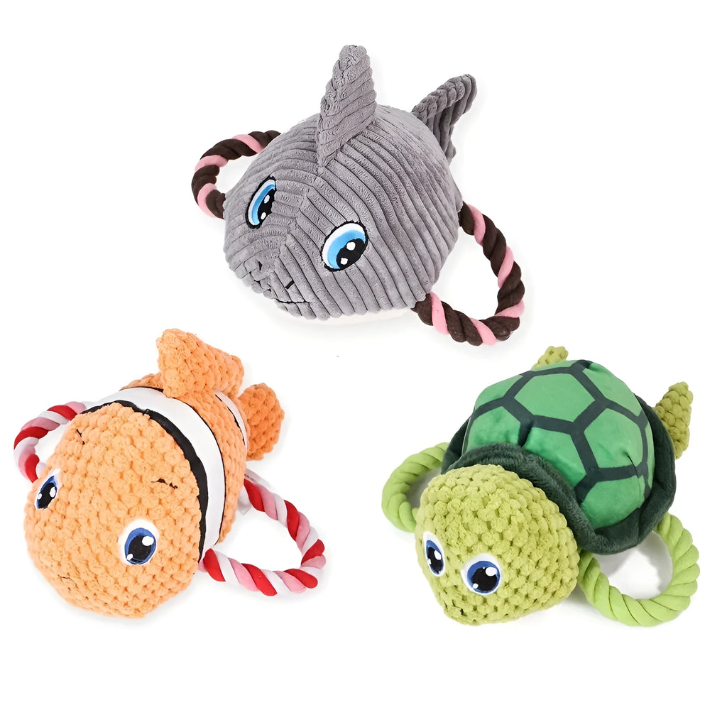 Grey, green, and orange turtle-shaped knotted cotton dog chew toy for small medium dogs.