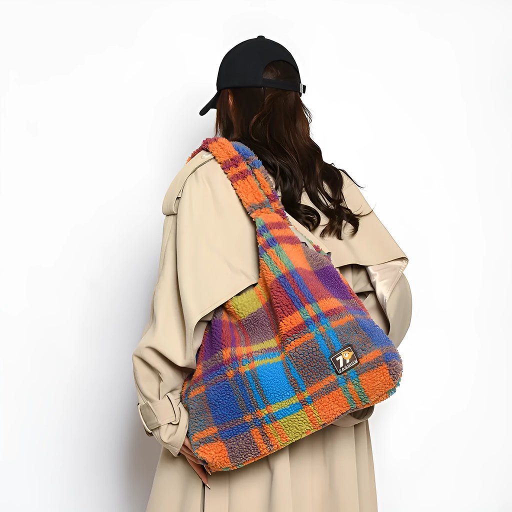 Women's plaid shoulder tote bag in army green with crossbody strap and large capacity dimensions