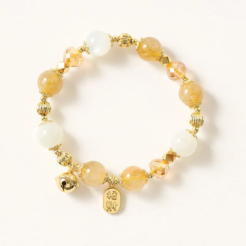 Gold electroplated rutilated quartz bracelet with crystal beads in Korean style design