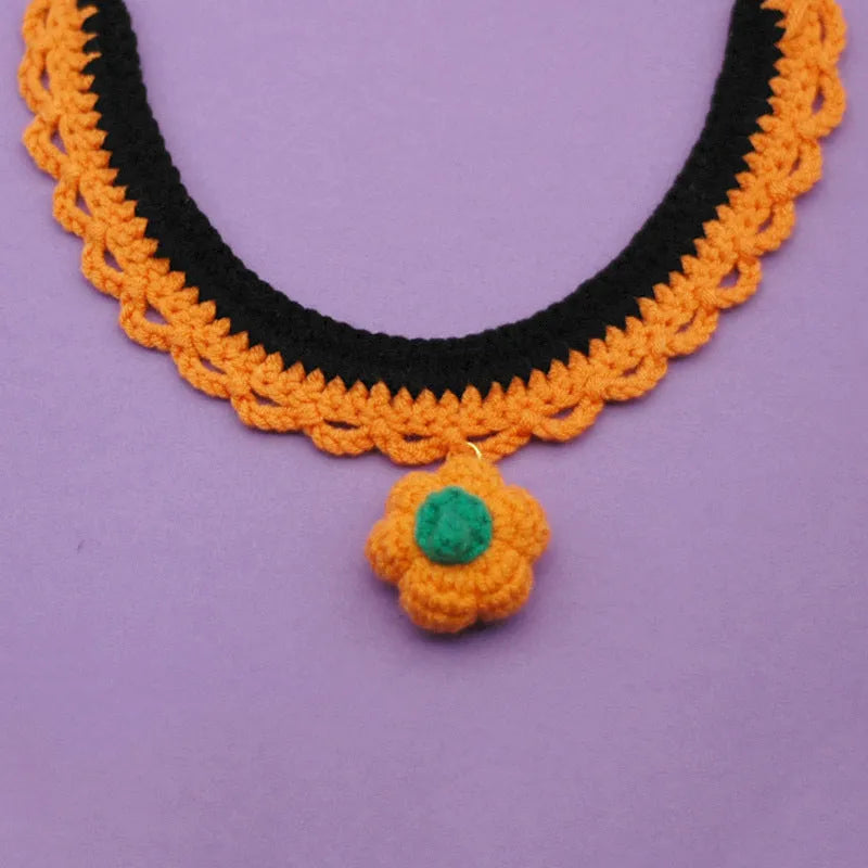 Hand crocheted wool pet collar in Bell Pumpkin style on a cat, adjustable size, Halloween accessory