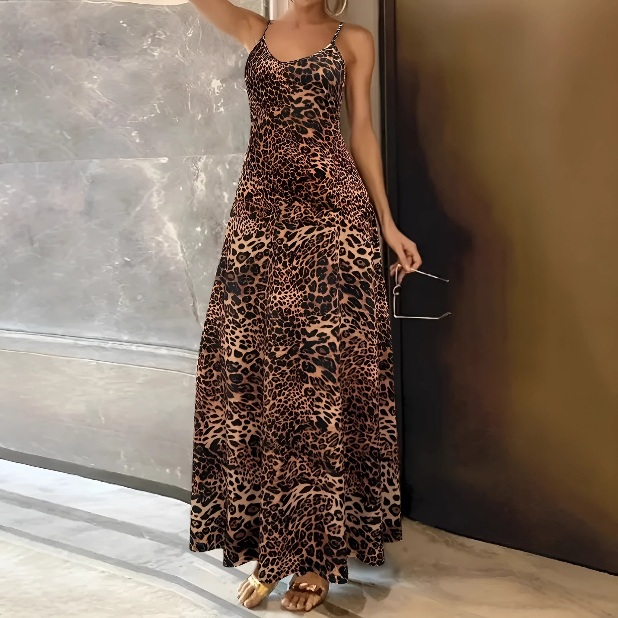 Dark brown leopard print sleeveless dress with round neck and hip skirt design