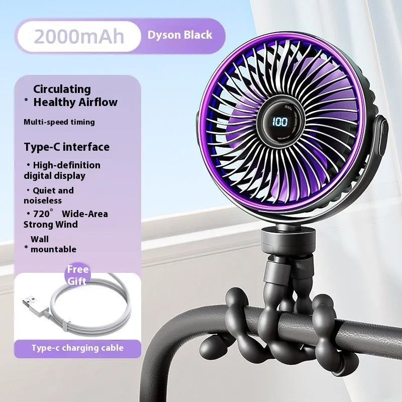 Beige portable clip-on mini stroller fan with three plastic blades and USB charging port
