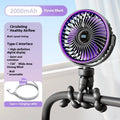 Beige portable clip-on mini stroller fan with three plastic blades and USB charging port