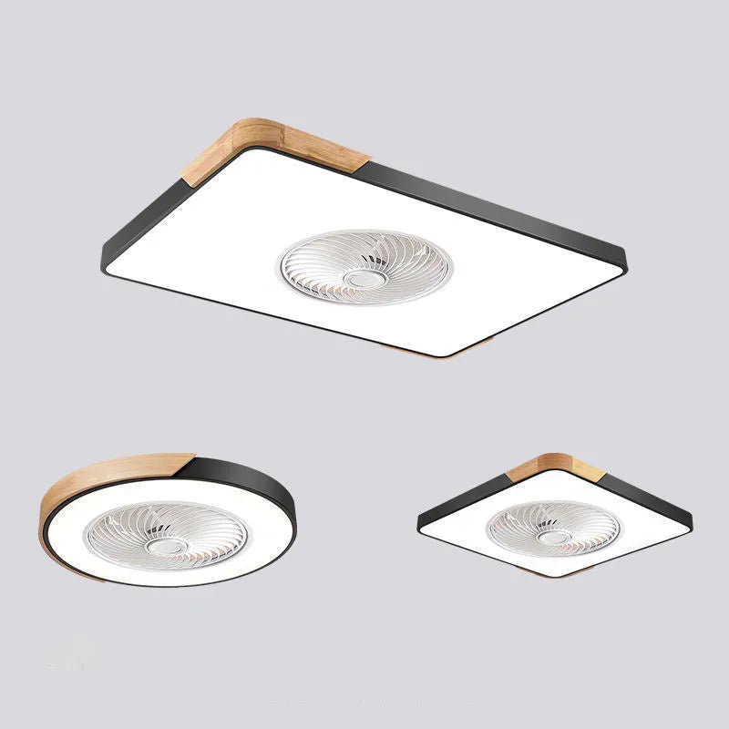 Nordic style solid wood ceiling fan with integrated light and PVC shade in rectangular, square and round designs.