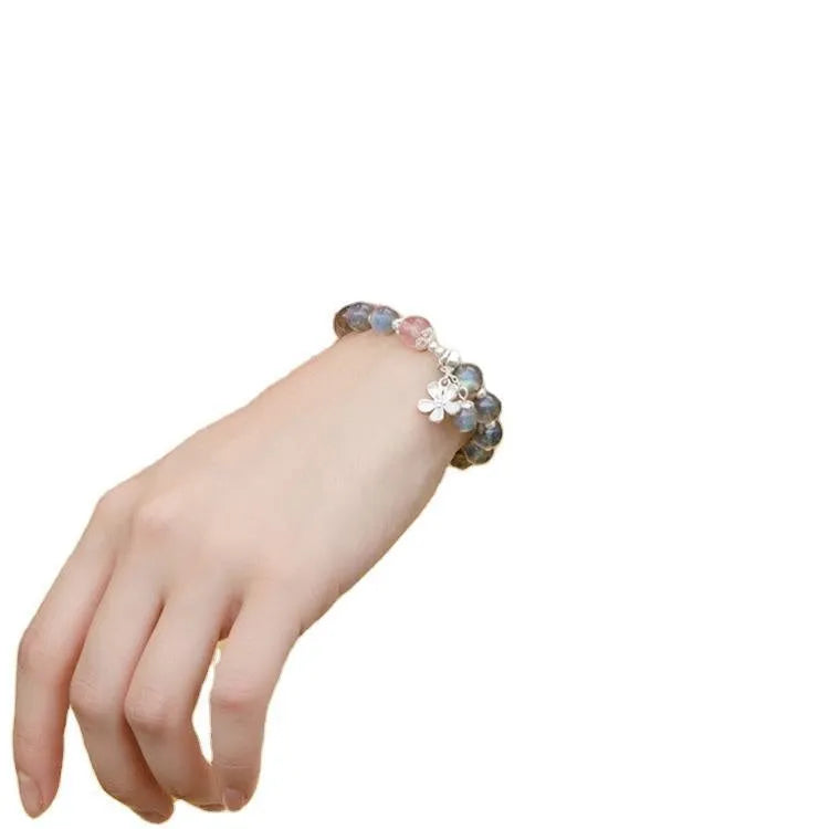 Grey moonlight crystal bracelet for women, 7.5mm beads, 925 sterling silver with honeysuckle clasp