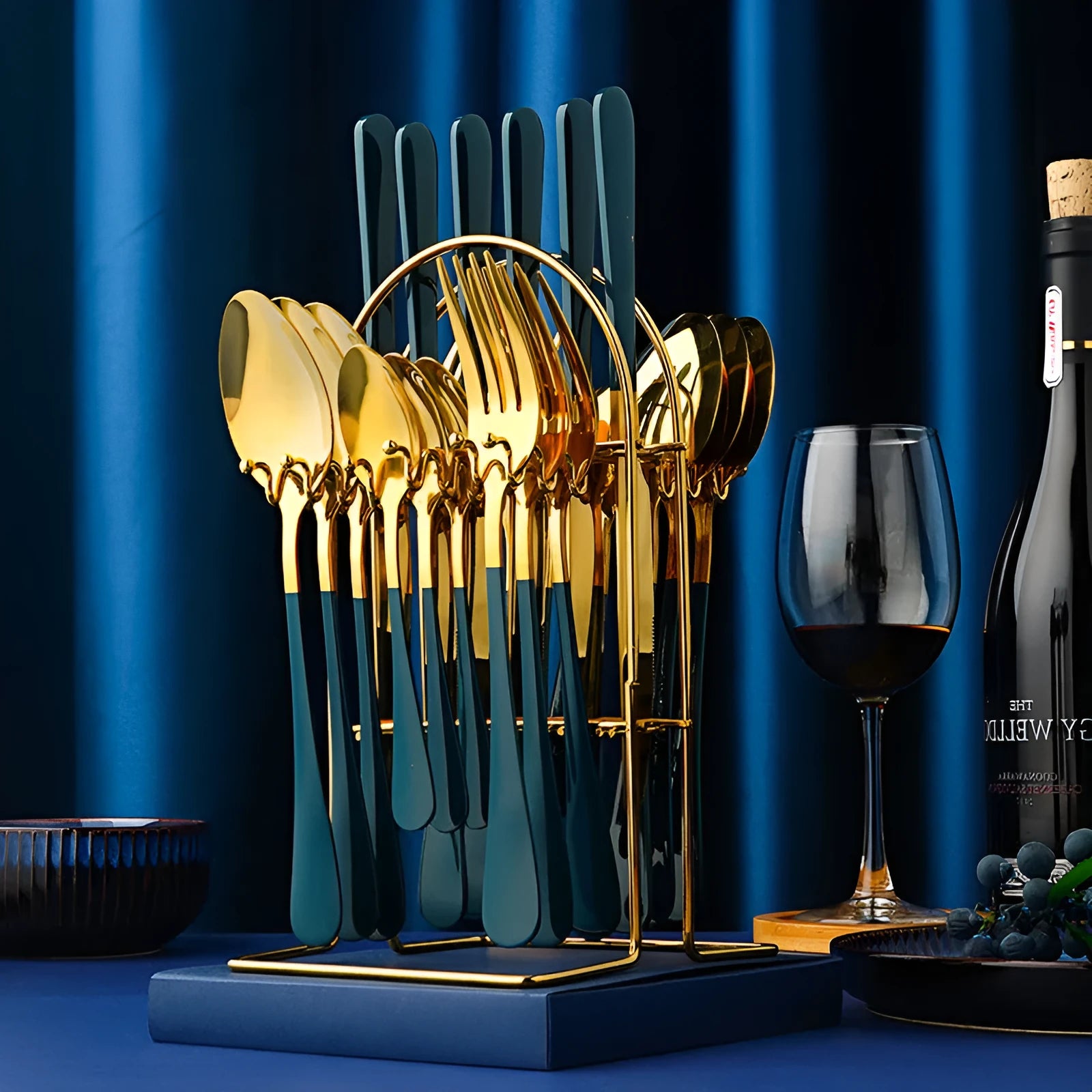 24 piece gold stainless steel cutlery set with knives forks spoons tea spoons and storage rack