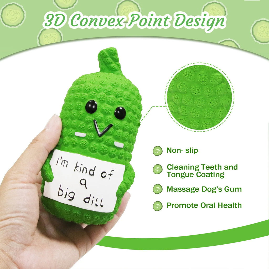 Green pickle-shaped latex dog toy with textured nubs and a squeaker inside.