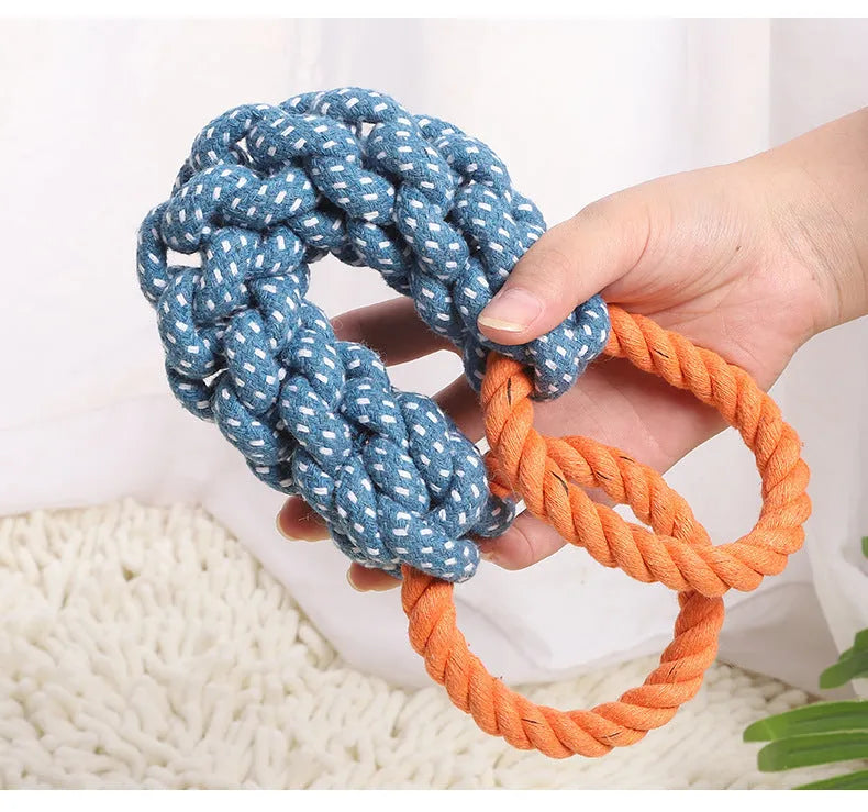 Blue double-ring braided cotton knot dog toy on white background, 37cm length