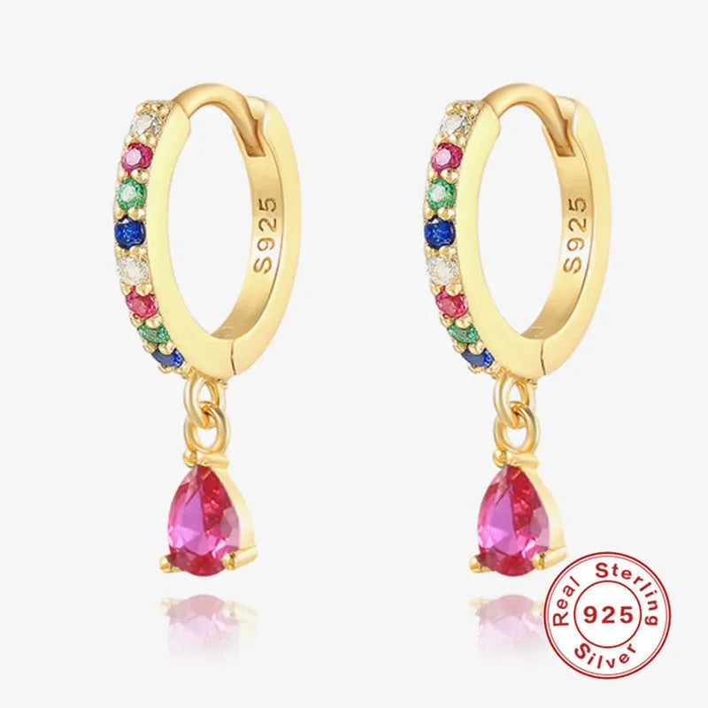 Geometric water drop sterling silver earrings with electroplated gold or silver finish and decorative centre stone
