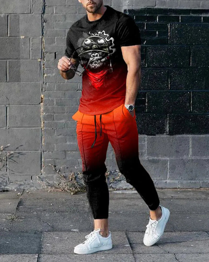 Man wearing a short-sleeved printed pullover and matching trousers from a polyester sport suit set.