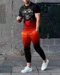 Man wearing a short-sleeved printed pullover and matching trousers from a polyester sport suit set.