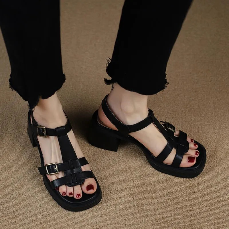 Women's black retro chunky heel sandals with T-buckle, open toe, square toe, and platform sole