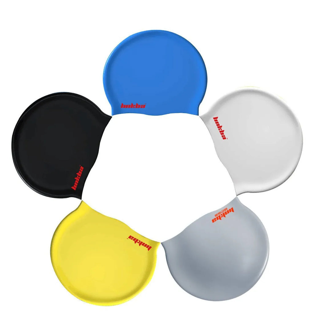 Silicone swimming cap with waterproof earmuffs and letter pattern design in multiple colour options
