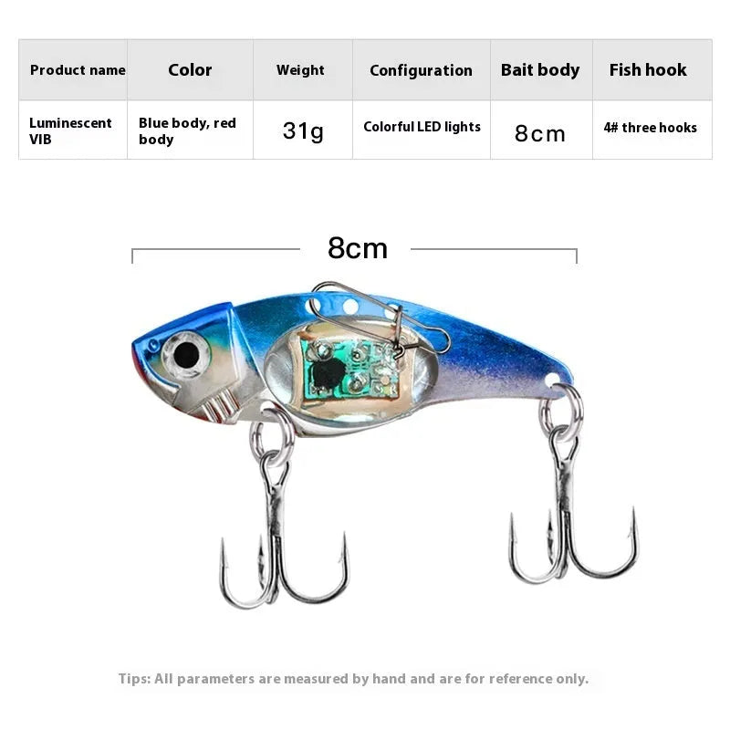 Luminous metal vib electronic fishing lure in blue and red body colours for casting and trolling