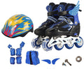 Yellow children's adjustable roller skates with aluminium frame, helmet, and protective gear set on a backpack