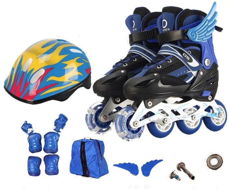 Yellow children's adjustable roller skates with aluminium frame, helmet, and protective gear set on a backpack