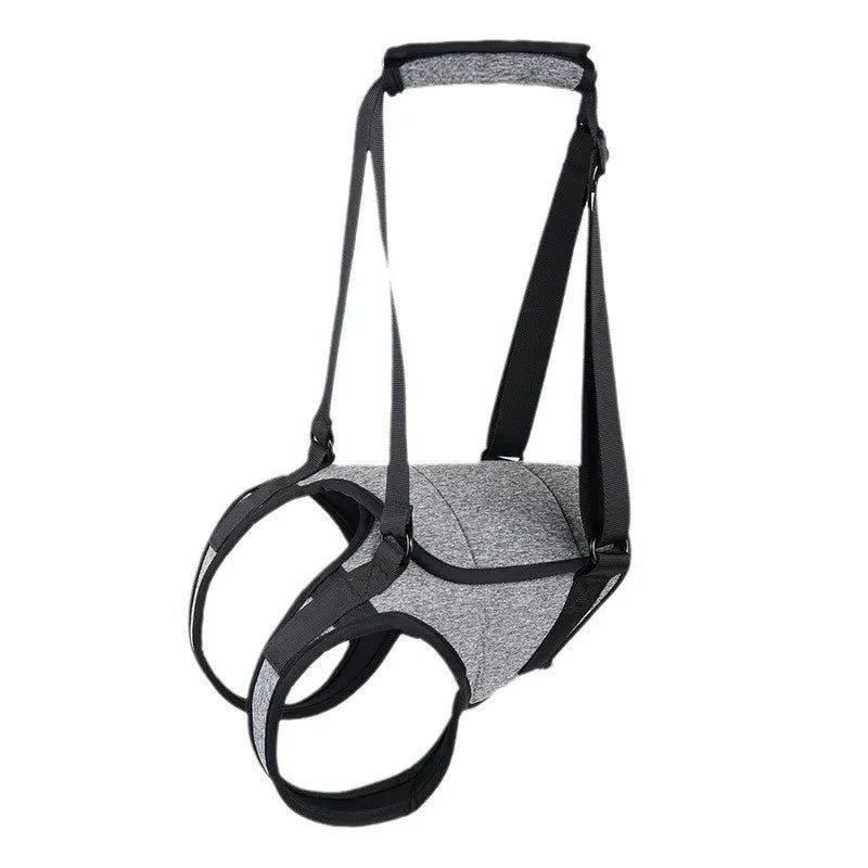 Grey neoprene dog rear leg support belt with adjustable waist and thigh straps laid flat.
