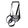 Grey neoprene dog rear leg support belt with adjustable waist and thigh straps laid flat.
