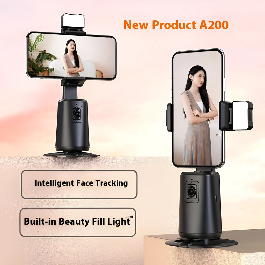 Black desktop phone bracket with intelligent face tracking camera and LED ribbon lights, remote control on desk