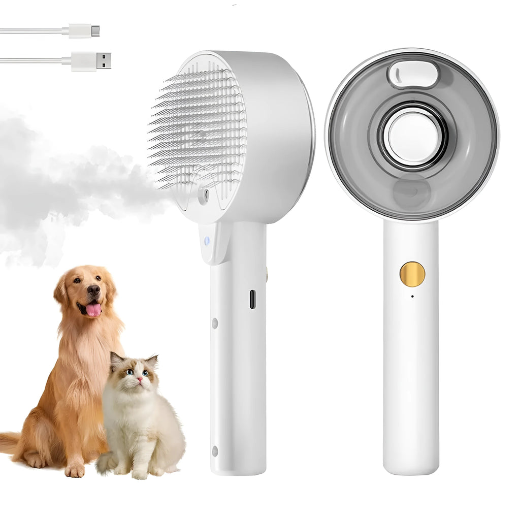 Pink cat steam brush for shedding with rounded massage head and transparent water tank on white background