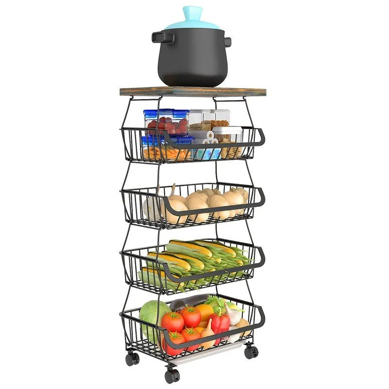 Black six-tier foldable kitchen floor trolley with carbon steel frame and modern design