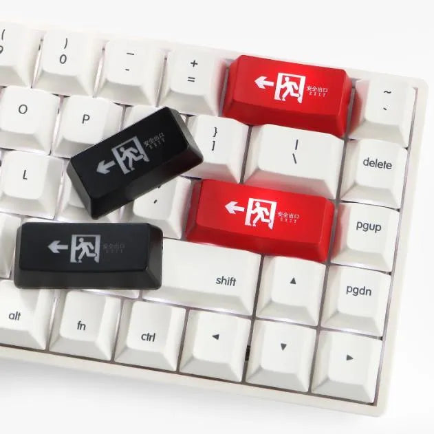 Red safety evacuation exit graphic on transparent plastic backspace keycap for USB wired keyboard
